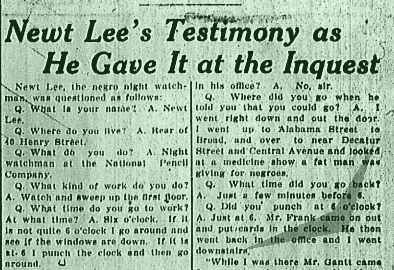 Newt Lee's Testimony as He Gave it at the Inquest