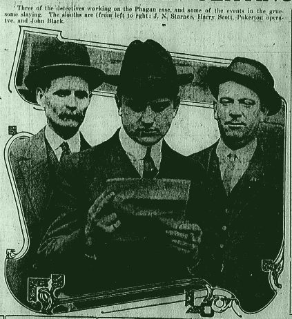 Three of the detectives working on the Phagan case, and some of the events in the gruesome slaying. The sleuths are (from left to right: J. N. Starnes, Harry Scott, Pinkerton operative, and John Black.