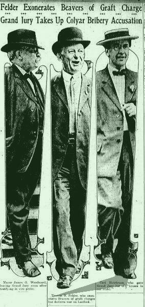 Mayor James G. Woodward (left), leaving Grand Jury room after testifying in vice probe; Thomas B. Felder (middle), who exonerates Beavers of graft charges but declares war on Lanford; Carl Hutcheson (right), who gave Grand Jury list of "houses in our midst."